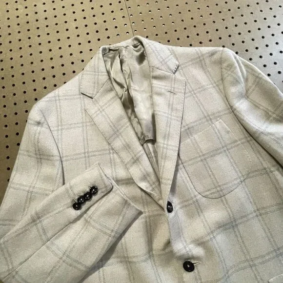 Oxxford Clothes Sport Coat Jacket Mens Size 40 R Beige Plaid USA Pure Cashmere